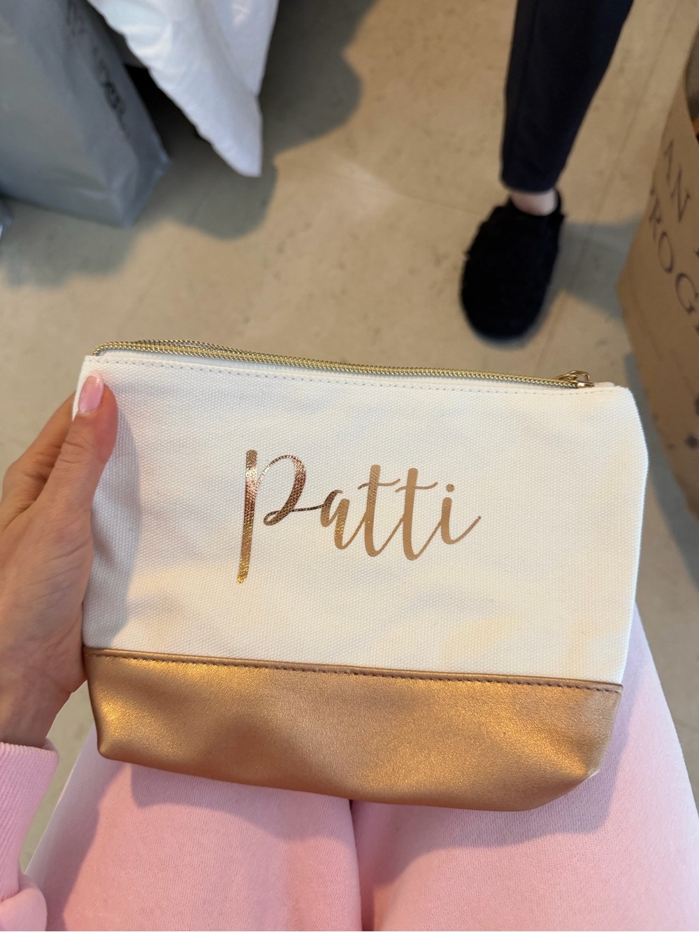 Personalized 'Patti' Canvas Cosmetic Bag in White and Rose Gold